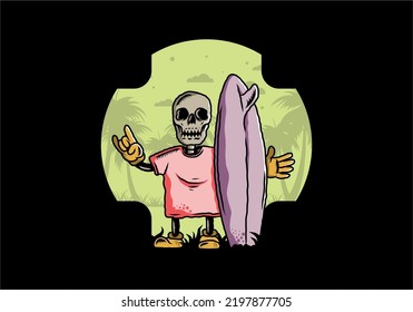 Illustration design of a little skull holding a surfing board