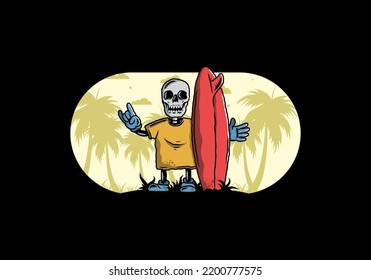 Illustration design of a little skull holding a surfing board