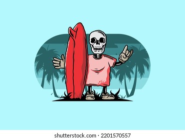 Illustration design of a little skull holding a surfing board