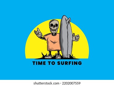 Illustration design of a little skull holding a surfing board