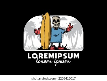 Illustration design of a little skull holding a surfing board