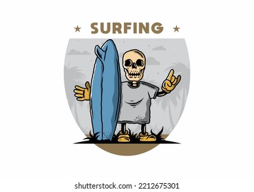 Illustration design of a little skull holding a surfing board