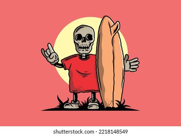 Illustration design of a little skull holding a surfing board