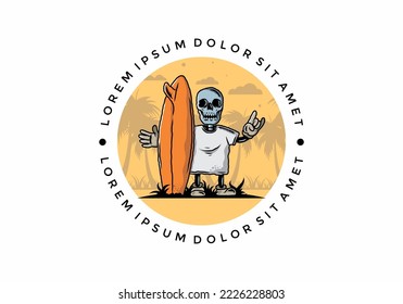 Illustration design of a little skull holding a surfing board