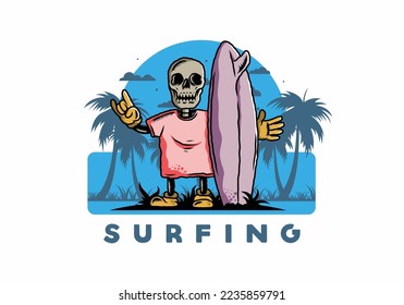 Illustration design of a little skull holding a surfing board