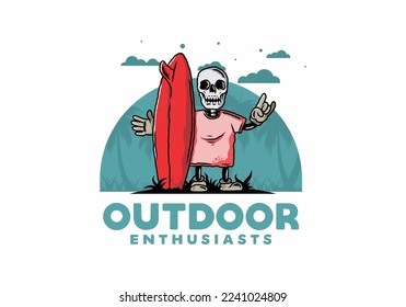 Illustration design of a little skull holding a surfing board
