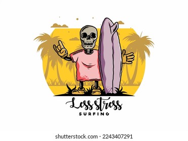 Illustration design of a little skull holding a surfing board
