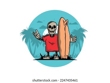 Illustration design of a little skull holding a surfing board