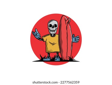 Illustration design of a little skull holding a surfing board