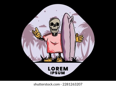 Illustration design of a little skull holding a surfing board