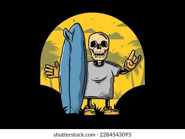 Illustration design of a little skull holding a surfing board