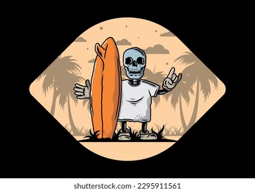 Illustration design of a little skull holding a surfing board