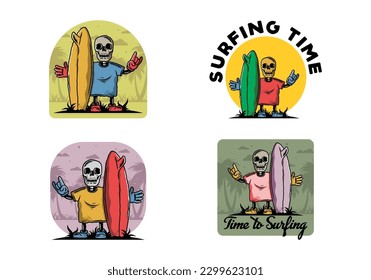 Illustration design of a little skull holding a surfing board