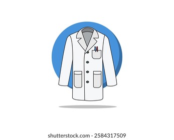 Illustration design of a long lab coat icon, with a pocket pen, personal protective equipment for laboratory work activities, realistic vector icon with black outline on a circle background