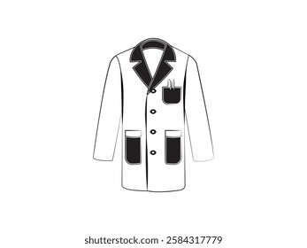 Illustration design of a long-sleeved lab coat icon, with pocket pen, personal protective equipment for work activities in the laboratory, vector icon realistic black and white color style