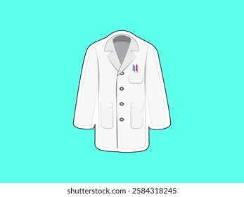 Illustration design of a long-sleeved lab coat icon, with pocket pen, personal protective equipment for work activities in the laboratory, vector icon realistic sticker style turquoise background