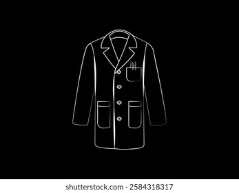 Illustration design of a long-sleeved lab coat icon, with pocket pen, personal protective equipment for work activities in the laboratory, vector icon with a white outline only on a black background