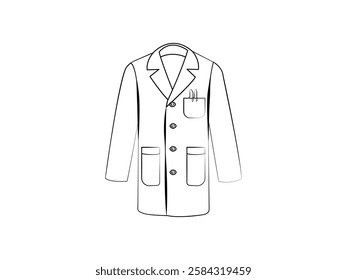 Illustration design of a long-sleeved lab coat icon, with pocket pen, personal protective equipment for work activities in the laboratory, realistic vector icon with black outline only