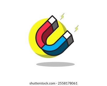 Illustration design of a magnet iron with lightning, vector realistic design icon in the shape of a horseshoe or letter U, in blue and red isolated on a white background and round shape