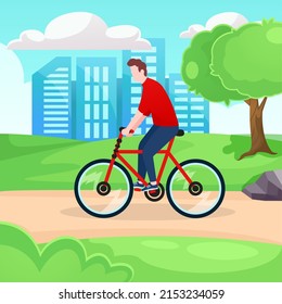 Illustration design of man cycling in urban park for world bicycle day background