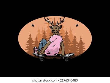 Illustration design of a Man with deer head sitting on skateboard