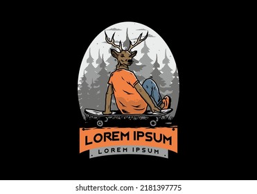 Illustration design of a Man with deer head sitting on skateboard