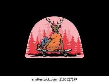 Illustration design of a Man with deer head sitting on skateboard