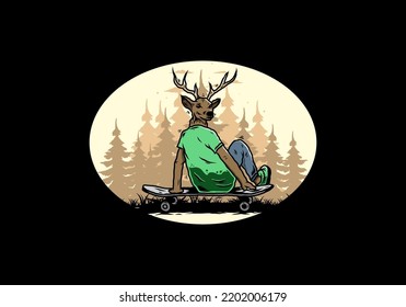 Illustration design of a Man with deer head sitting on skateboard