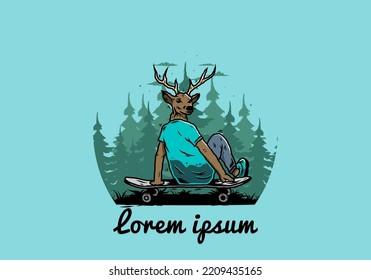 Illustration design of a Man with deer head sitting on skateboard