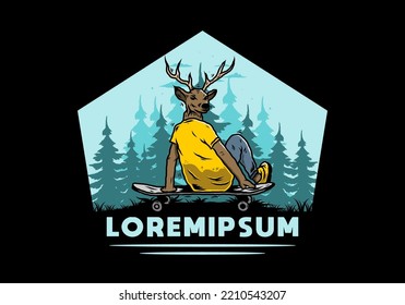 Illustration design of a Man with deer head sitting on skateboard