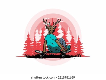 Illustration design of a Man with deer head sitting on skateboard