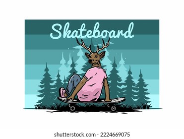 Illustration design of a Man with deer head sitting on skateboard