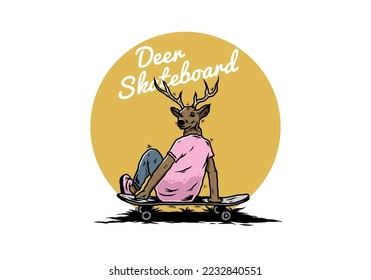 Illustration design of a Man with deer head sitting on skateboard