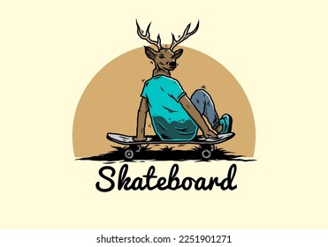 Diseño ilustrativo de un hombre con la cabeza de ciervo sentado en patineta