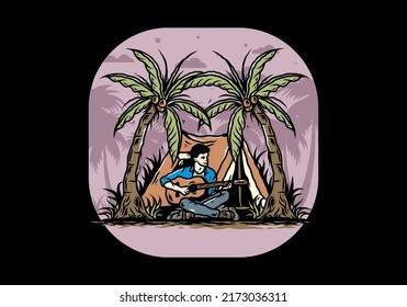 Illustration design of a man with guitar in front of tent between coconut trees