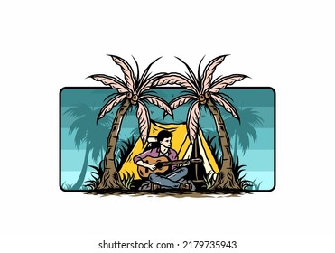 Illustration design of a man with guitar in front of tent between coconut trees