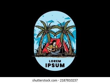 Illustration design of a man with guitar in front of tent between coconut trees
