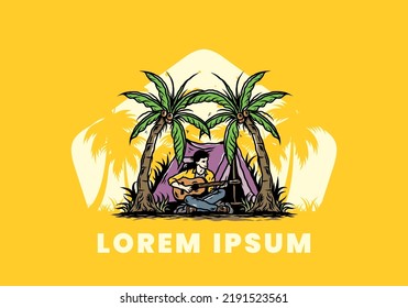 Illustration design of a man with guitar in front of tent between coconut trees