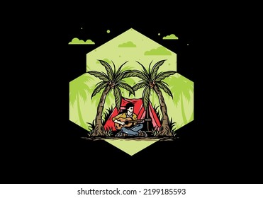 Illustration design of a man with guitar in front of tent between coconut trees