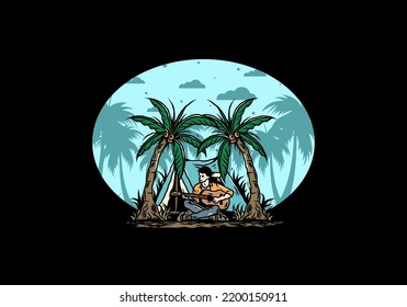 Illustration design of a man with guitar in front of tent between coconut trees