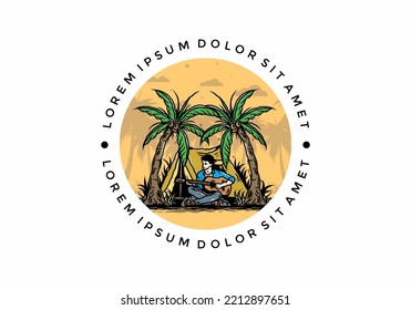 Illustration design of a man with guitar in front of tent between coconut trees