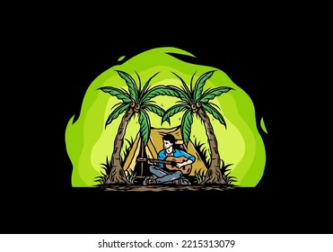 Illustration design of a man with guitar in front of tent between coconut trees