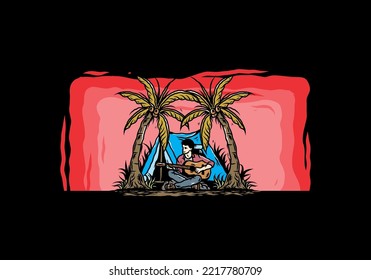 Illustration design of a man with guitar in front of tent between coconut trees