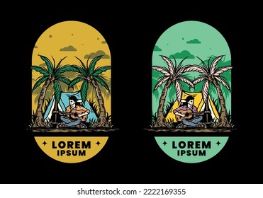 Illustration design of a man with guitar in front of tent between coconut trees