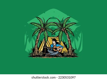 Illustration design of a man with guitar in front of tent between coconut trees