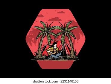 Illustration design of a man with guitar in front of tent between coconut trees