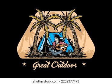Illustration design of a man with guitar in front of tent between coconut trees