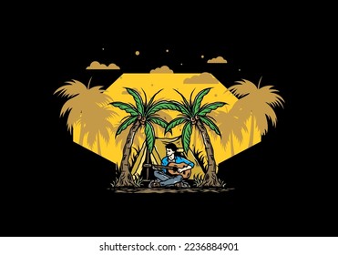 Illustration design of a man with guitar in front of tent between coconut trees