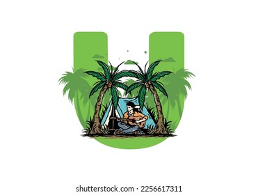 Illustration design of a man with guitar in front of tent between coconut trees