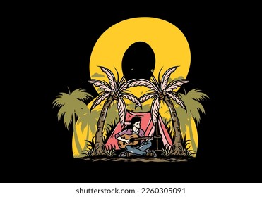 Illustration design of a man with guitar in front of tent between coconut trees